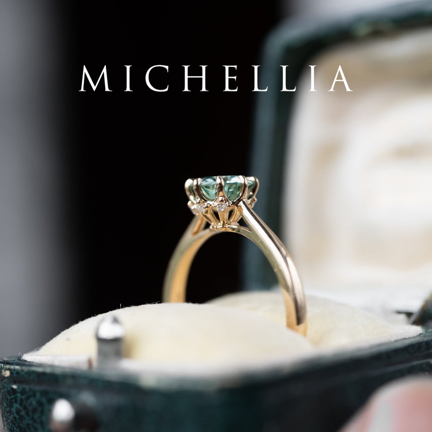 [Victoria] Mint Green Moissanite Secret Royal Garden Engagement Ring 3-piece set, 18K Yellow Gold, Ready-to-Ship