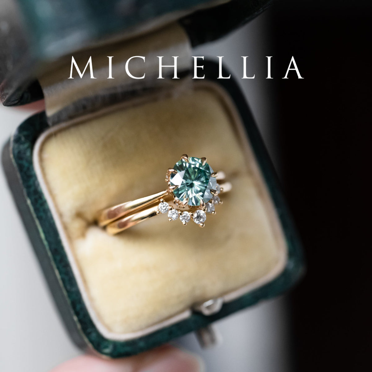 [Victoria] Mint Green Moissanite Secret Royal Garden Engagement Ring 3-piece set, 18K Yellow Gold, Ready-to-Ship