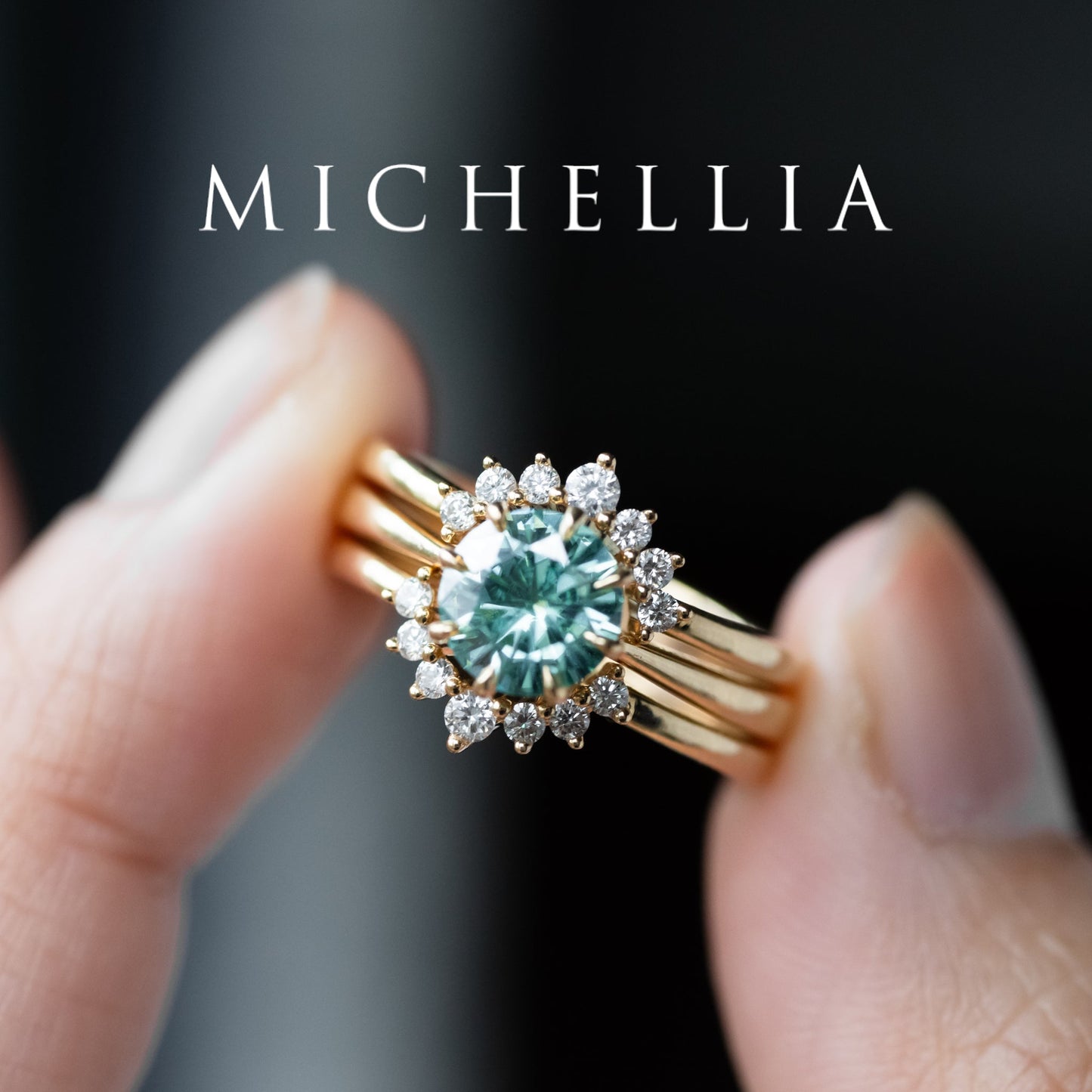 [Victoria] Mint Green Moissanite Secret Royal Garden Engagement Ring 3-piece set, 18K Yellow Gold, Ready-to-Ship