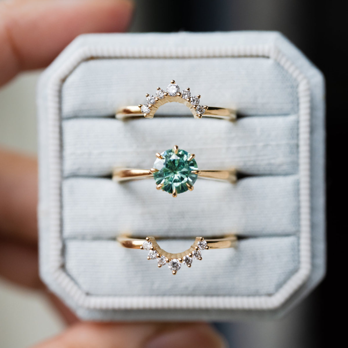 [Victoria] Mint Green Moissanite Secret Royal Garden Engagement Ring 3-piece set, 18K Yellow Gold, Ready-to-Ship
