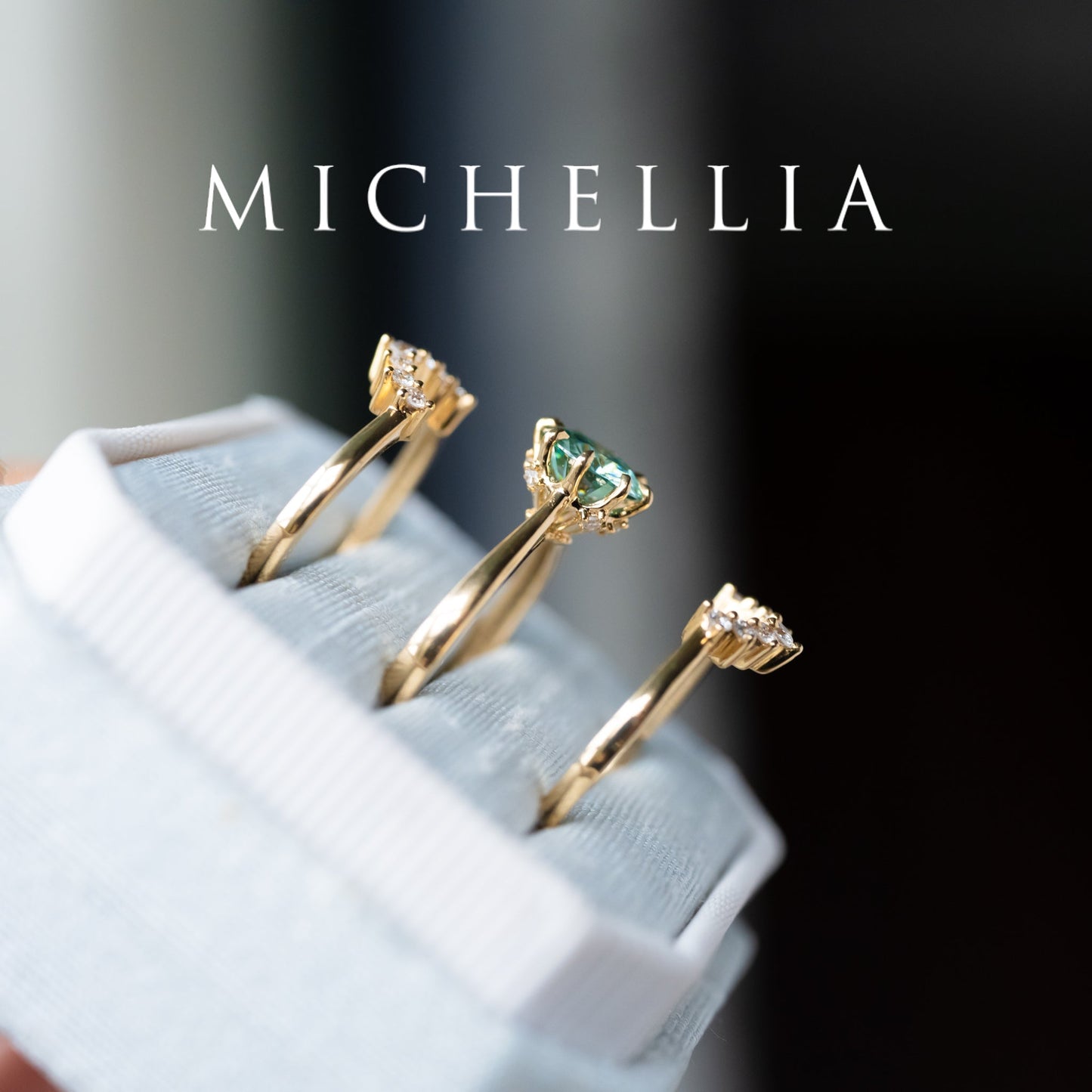 [Victoria] Mint Green Moissanite Secret Royal Garden Engagement Ring 3-piece set, 18K Yellow Gold, Ready-to-Ship