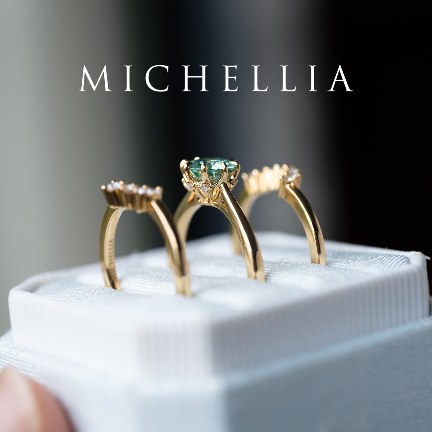 [Victoria] Mint Green Moissanite Secret Royal Garden Engagement Ring 3-piece set, 18K Yellow Gold, Ready-to-Ship