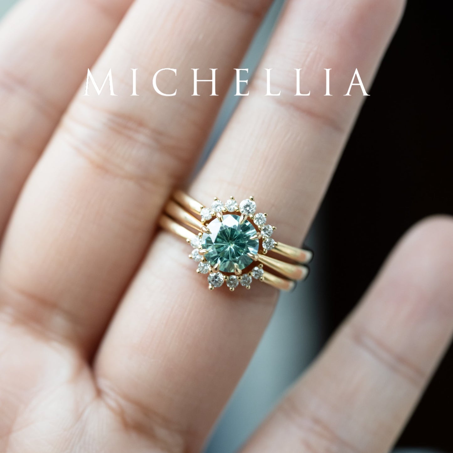 [Victoria] Mint Green Moissanite Secret Royal Garden Engagement Ring 3-piece set, 18K Yellow Gold, Ready-to-Ship