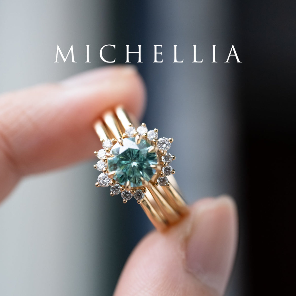 [Victoria] Mint Green Moissanite Secret Royal Garden Engagement Ring 3-piece set, 18K Yellow Gold, Ready-to-Ship