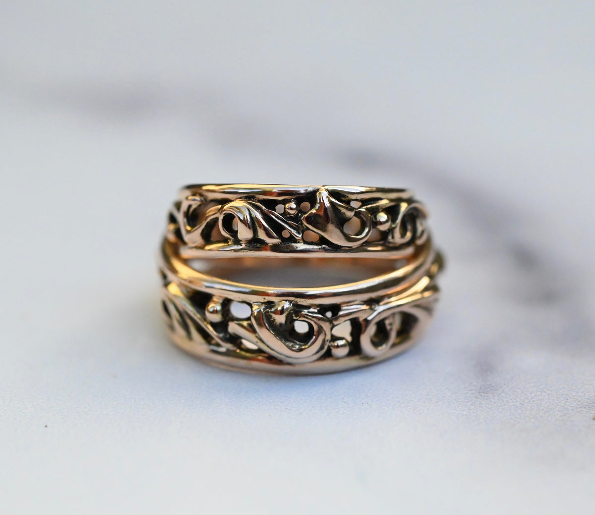 Large Scroll 14k Gold Ring Band- Made to Order