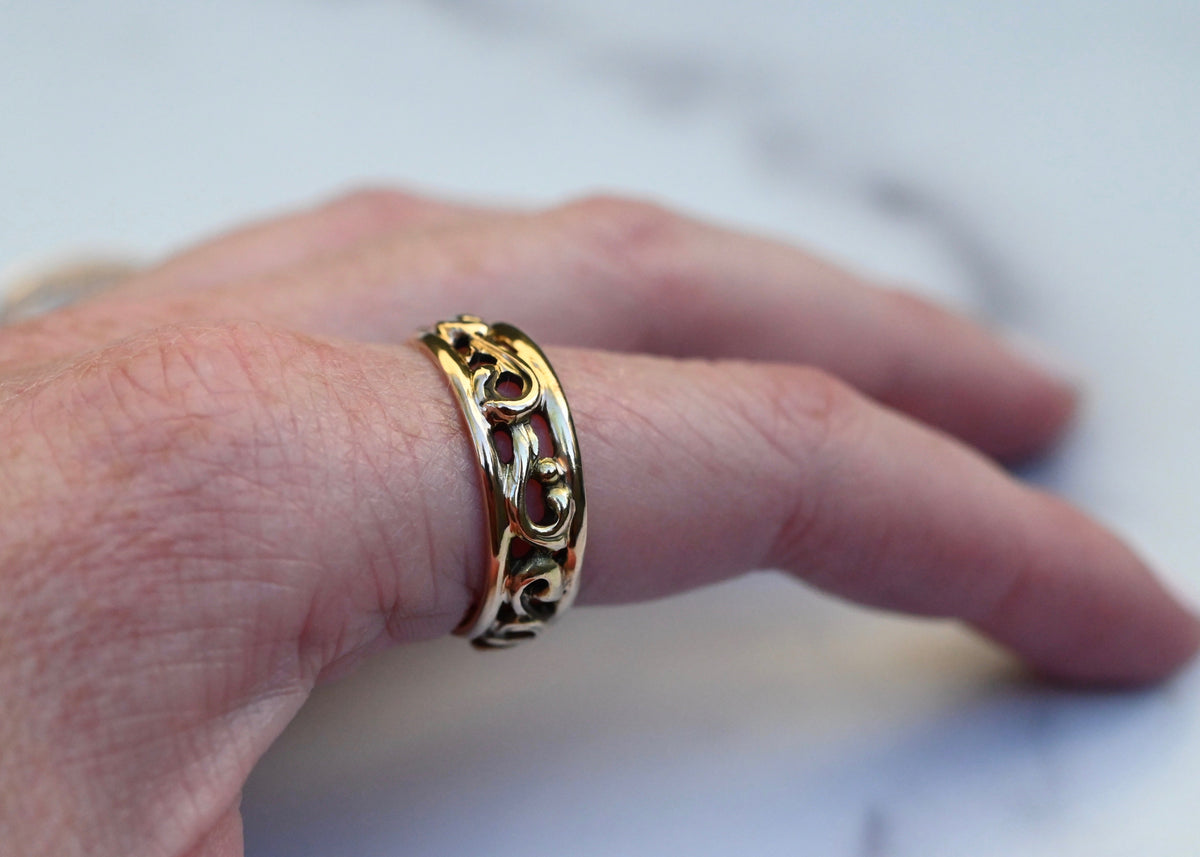 Large Scroll 14k Gold Ring Band- Made to Order