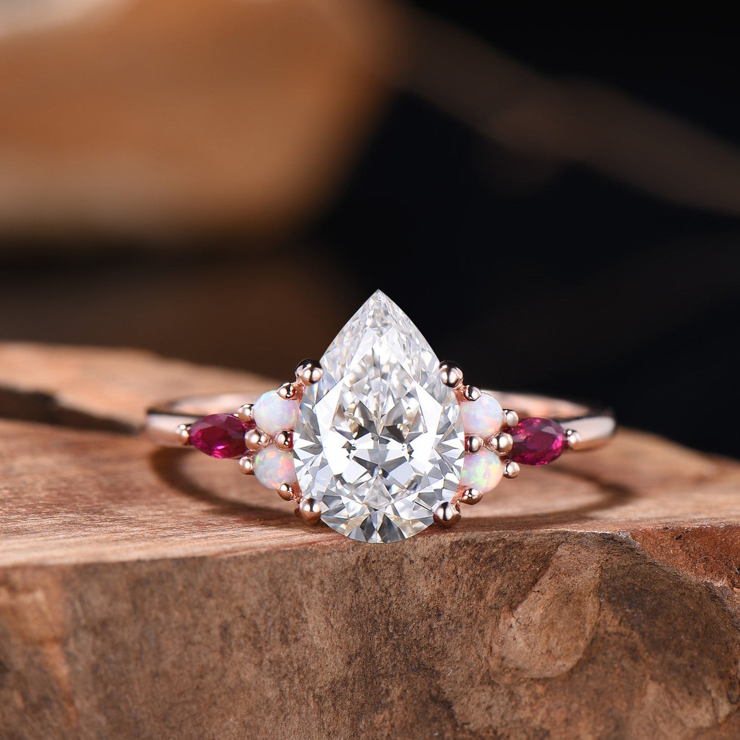 Pear Cut Lab Grown Diamond Engagement Ring Rose Gold Opal Ruby Cluster Vintage Ring