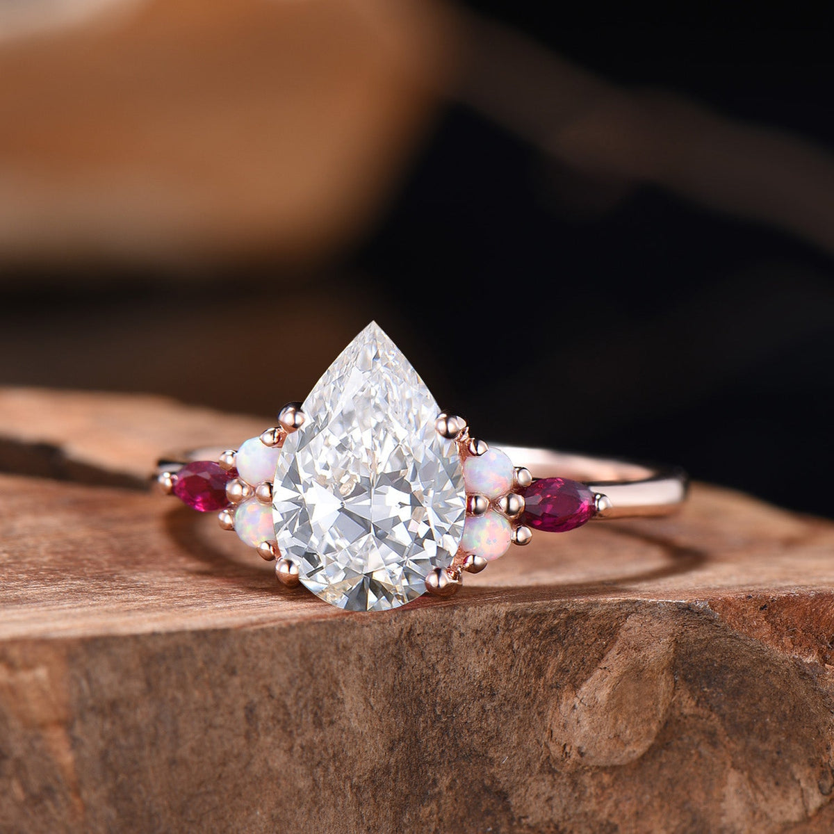 Pear Cut Lab Grown Diamond Engagement Ring Rose Gold Opal Ruby Cluster Vintage Ring