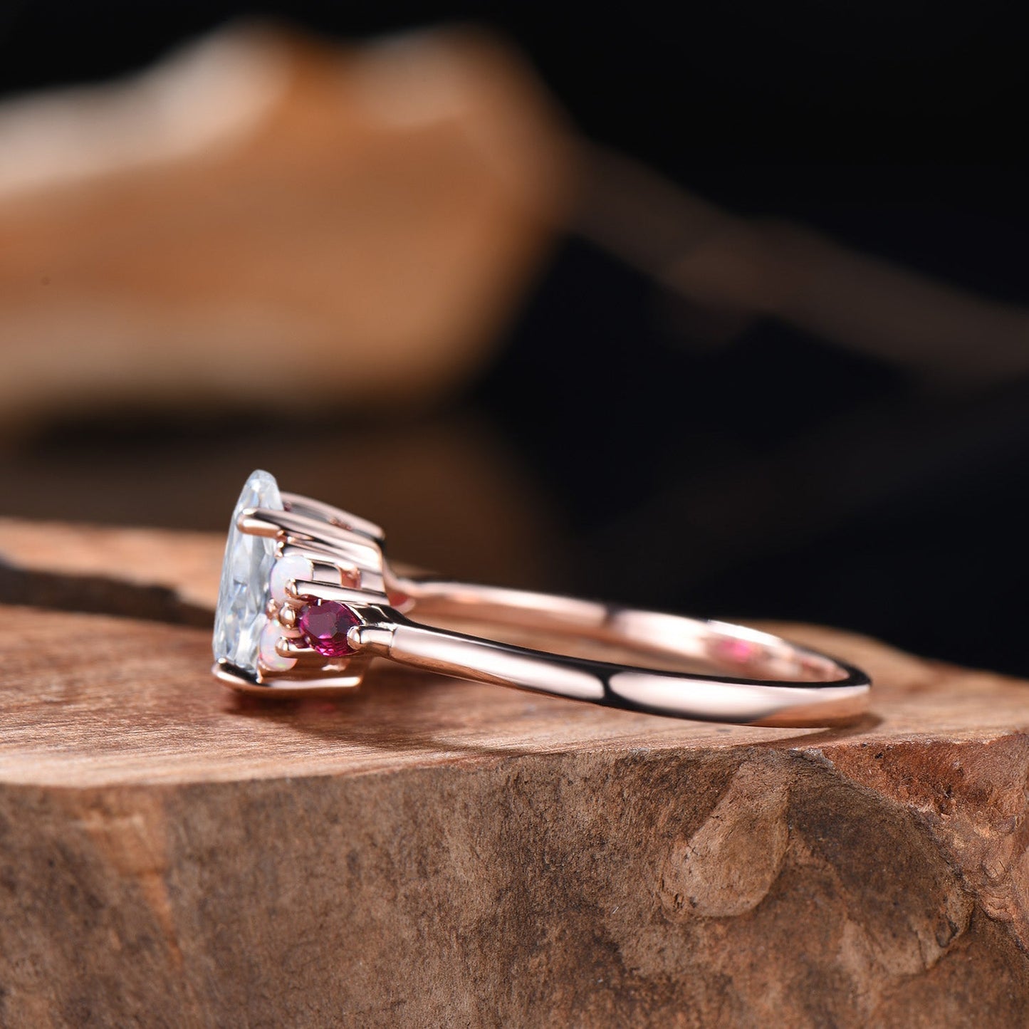 Pear Cut Lab Grown Diamond Engagement Ring Rose Gold Opal Ruby Cluster Vintage Ring