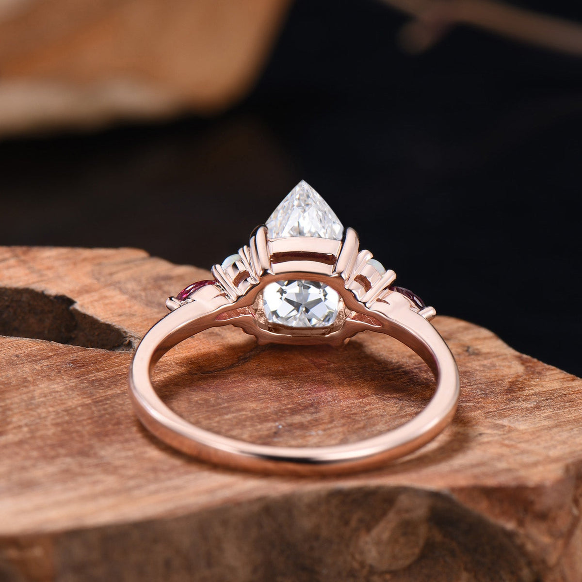 Pear Cut Lab Grown Diamond Engagement Ring Rose Gold Opal Ruby Cluster Vintage Ring