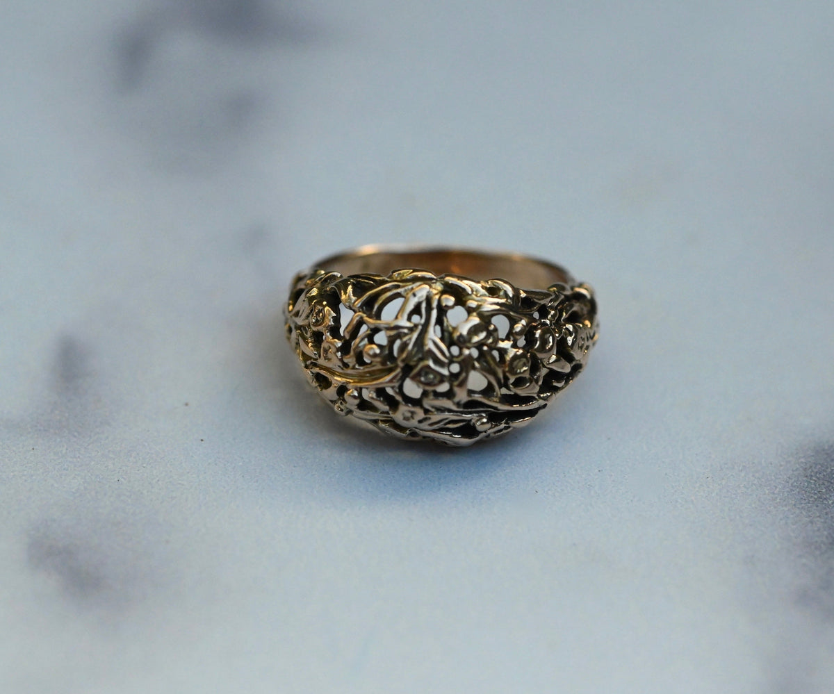 Domed Floral 14k Gold Ring Band- Made To Order