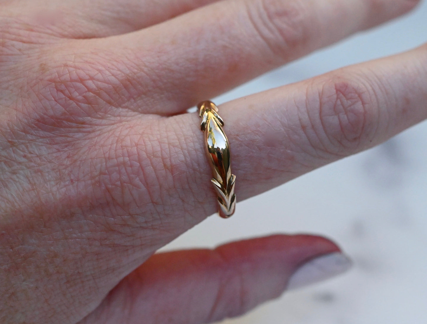 14k Gold Symmetrical Leaf Ring Band - Made to Order