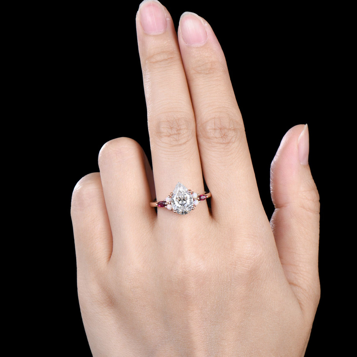 Pear Cut Lab Grown Diamond Engagement Ring Rose Gold Opal Ruby Cluster Vintage Ring