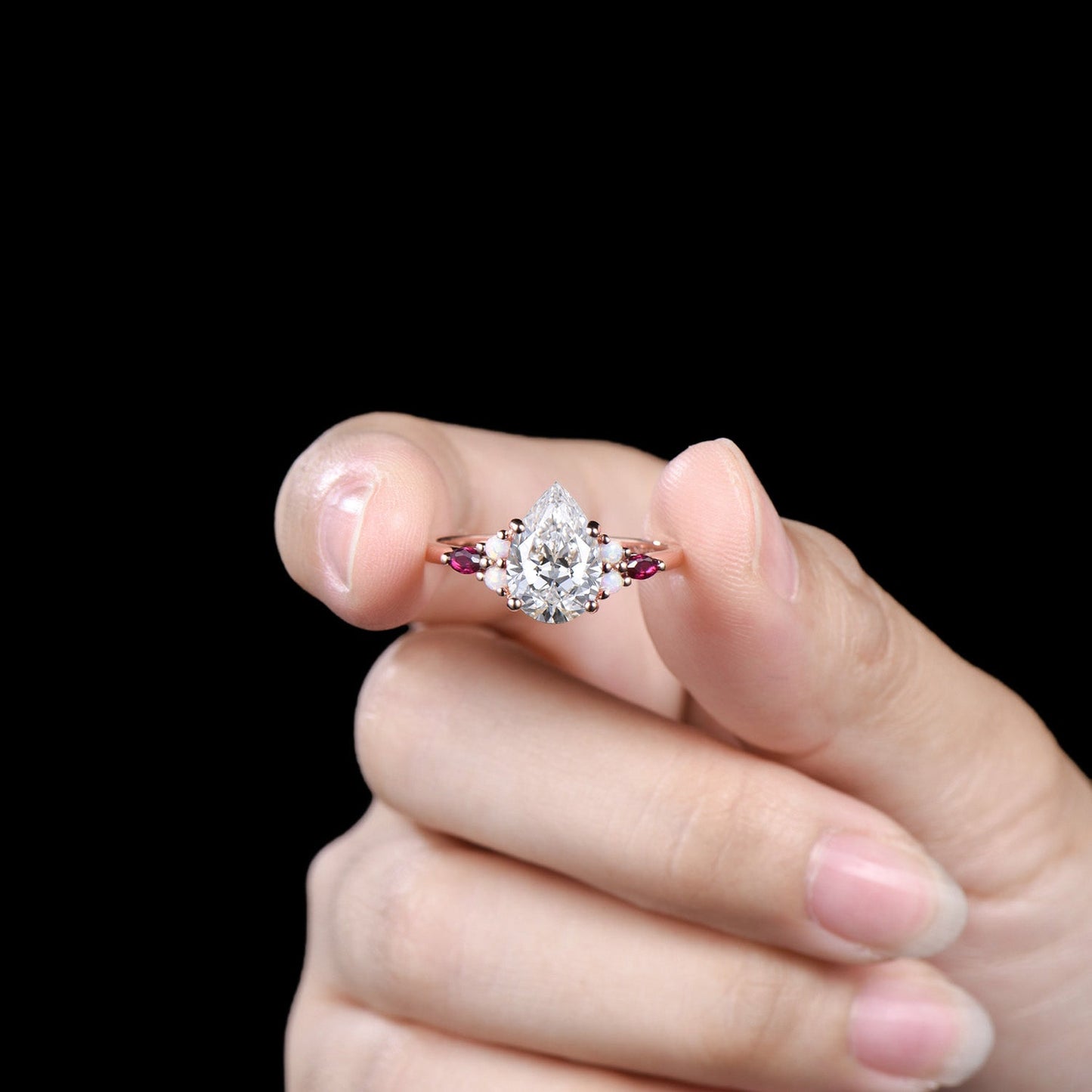 Pear Cut Lab Grown Diamond Engagement Ring Rose Gold Opal Ruby Cluster Vintage Ring