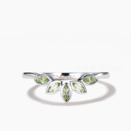 Marquise Cut Natural Peridot Matching Band 5 Stone Bezel Settings Wedding Band
