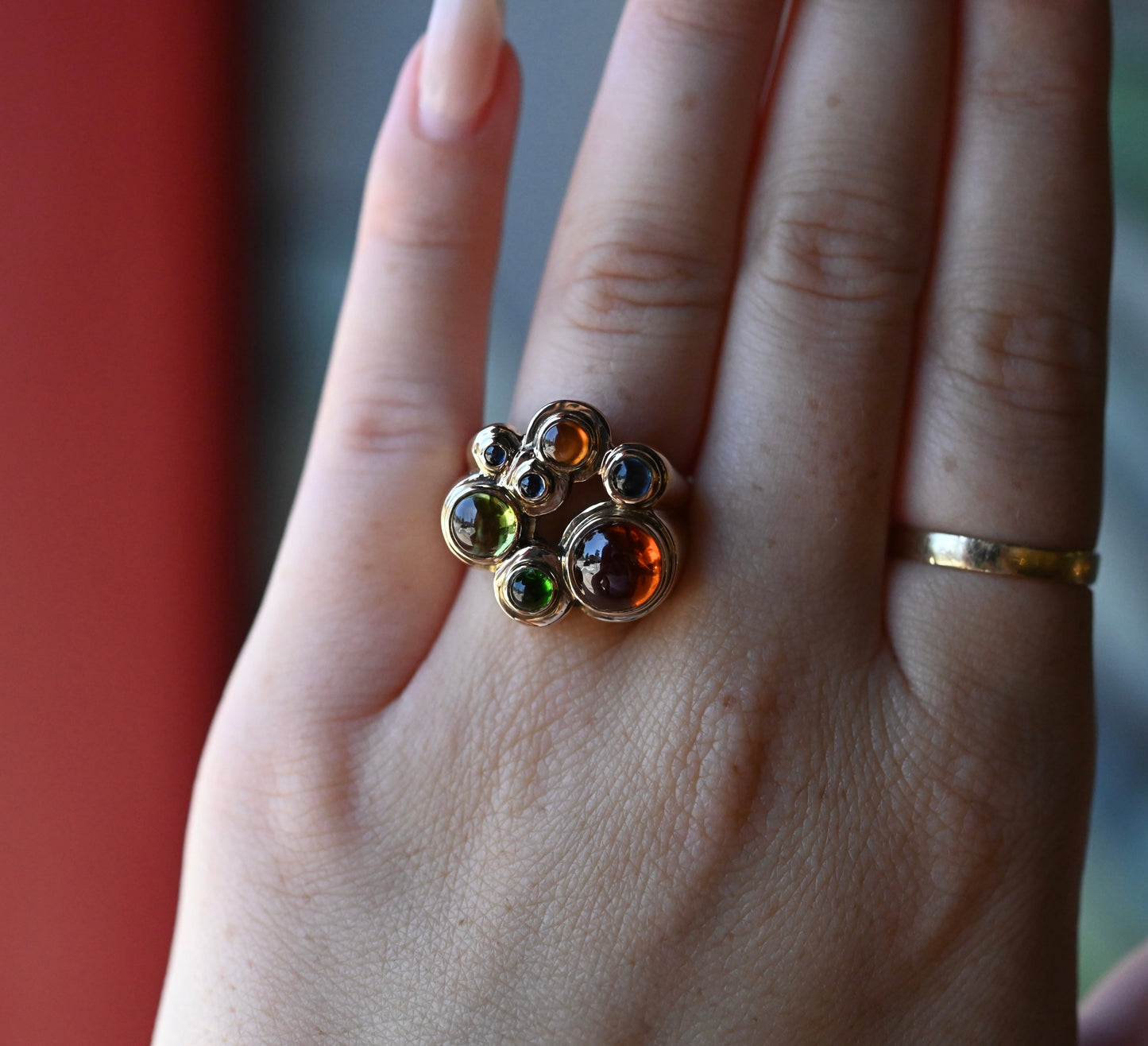 14k Gold Bubble Multi Gemstone Chunky Ring - size 8 (sizable) - Ready to Ship