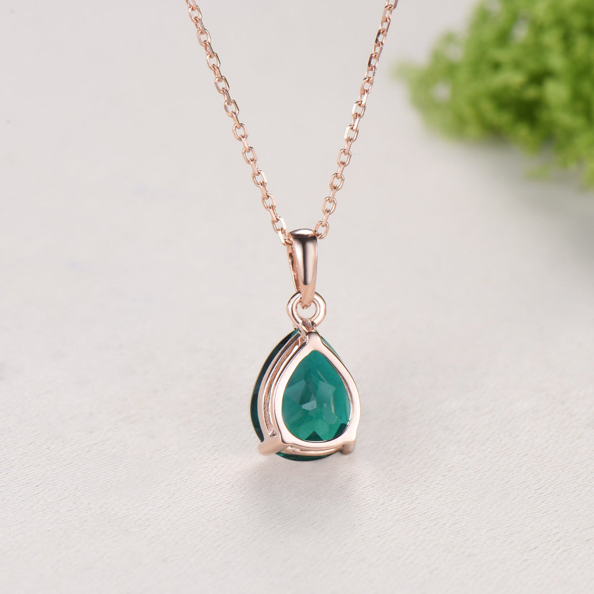 Dainty 14K Rose Gold Emerald Necklace - Teardrop May Birthstone