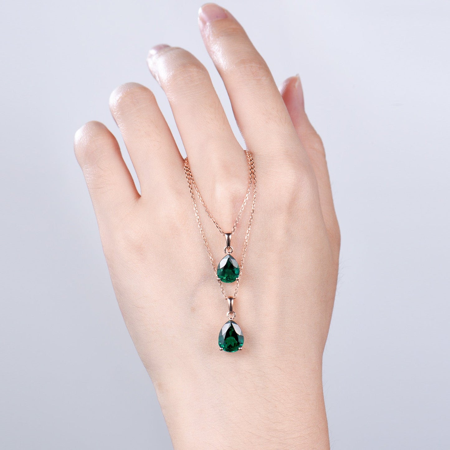 Dainty 14K Rose Gold Emerald Necklace - Teardrop May Birthstone