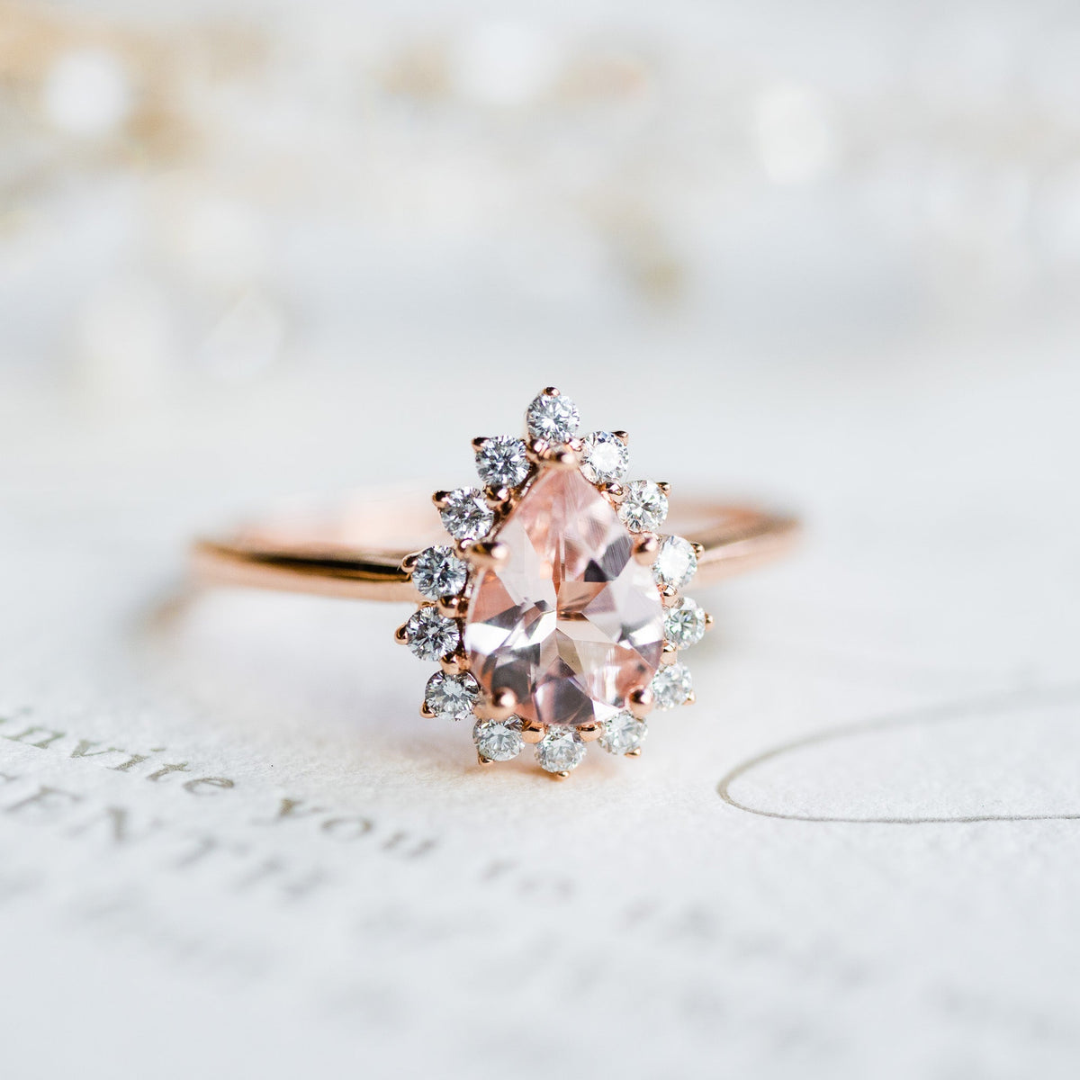 [Camellia] Vintage Bloom Halo Pear Engagement Ring in Diamond / Moissanite