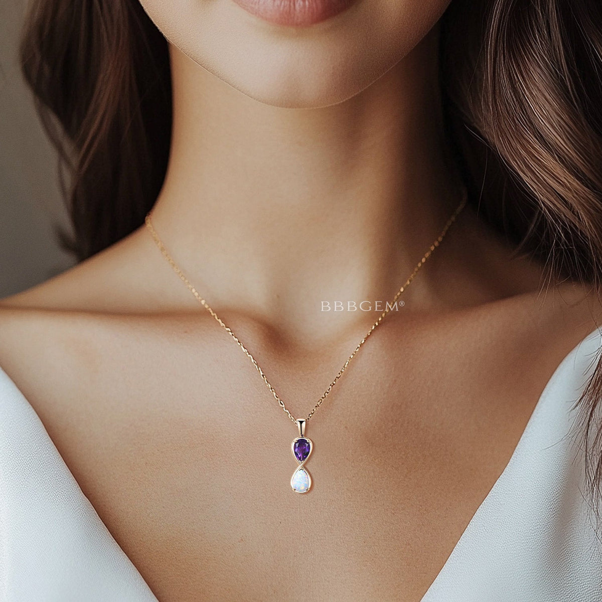 Teardrop Cut Opal Natural Amethyst Necklace Infinity Toi et Moi Pendant