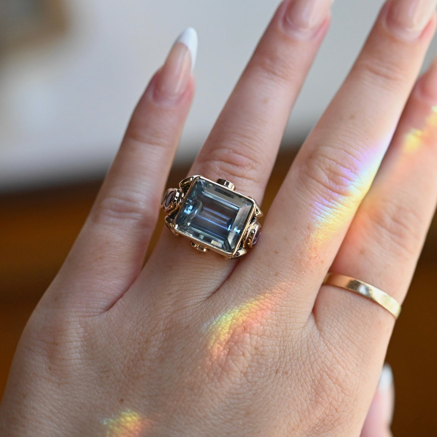 14k Gold Chunky Aquamarine & Sapphire Cluster Ring - size 6.5 (sizable) - Ready to Ship