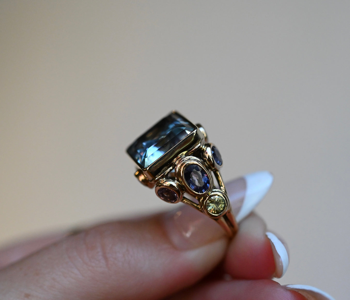 14k Gold Chunky Aquamarine & Sapphire Cluster Ring - size 6.5 (sizable) - Ready to Ship