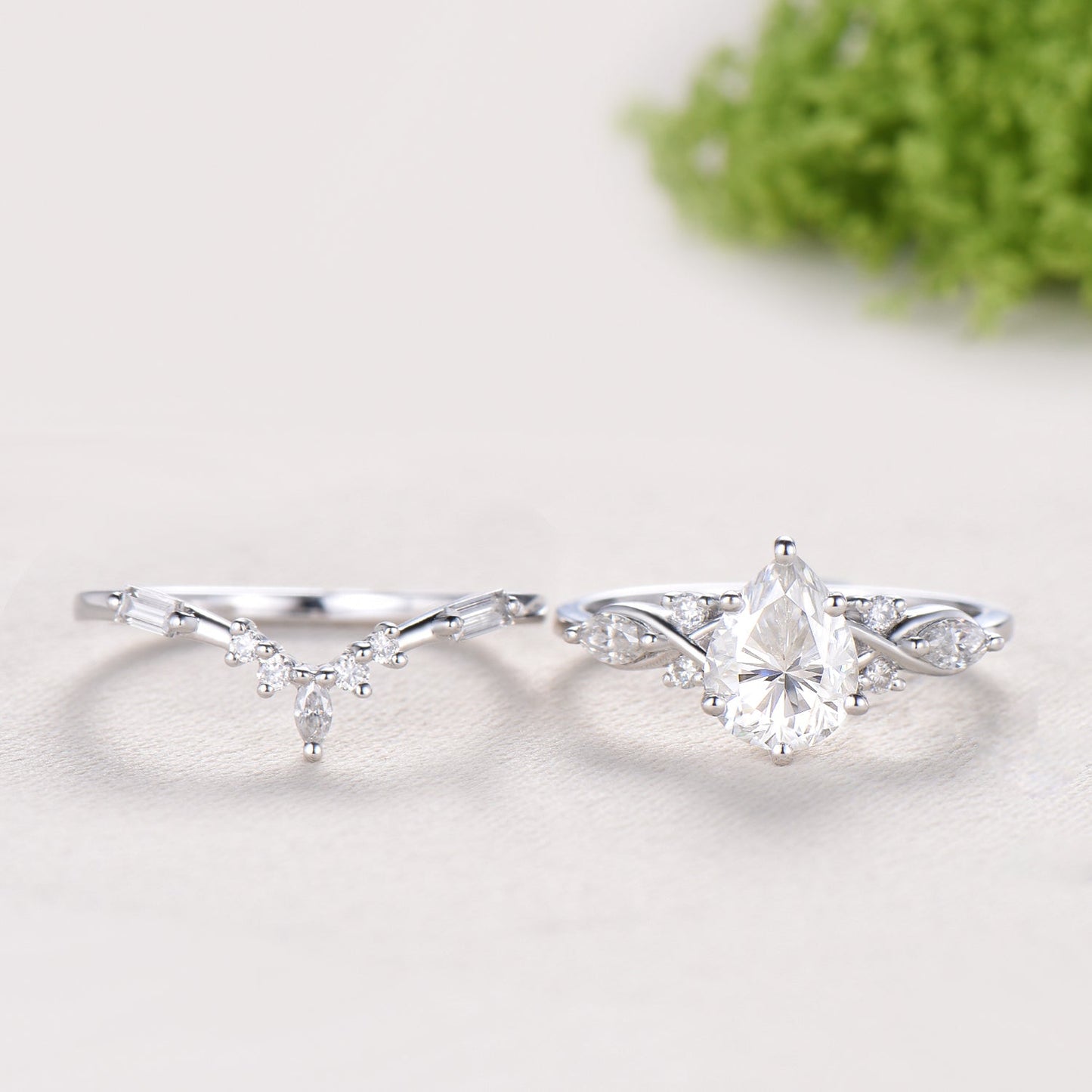 Pear Moissanite engagement ring marquise Twisted ring Unique white gold ring baguette cut diamond band Antique promise anniversary ring