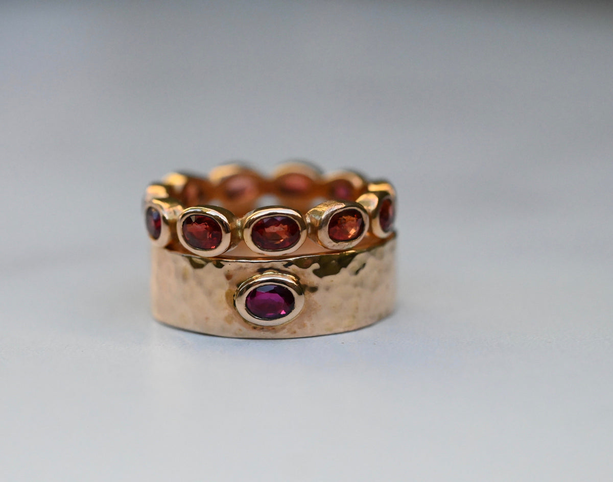 Planished 14k Gold Cigar Band Ring with Ruby - size 7.25