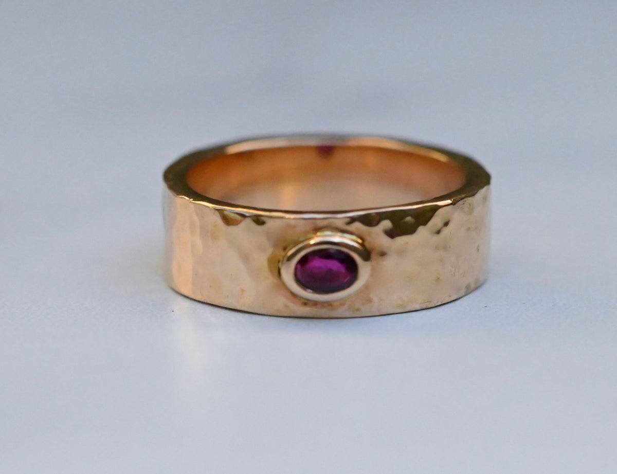 Planished 14k Gold Cigar Band Ring with Ruby - size 7.25