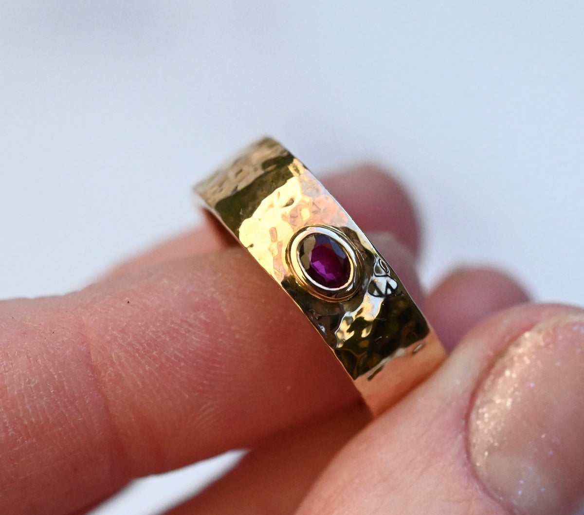 Planished 14k Gold Cigar Band Ring with Ruby - size 7.25
