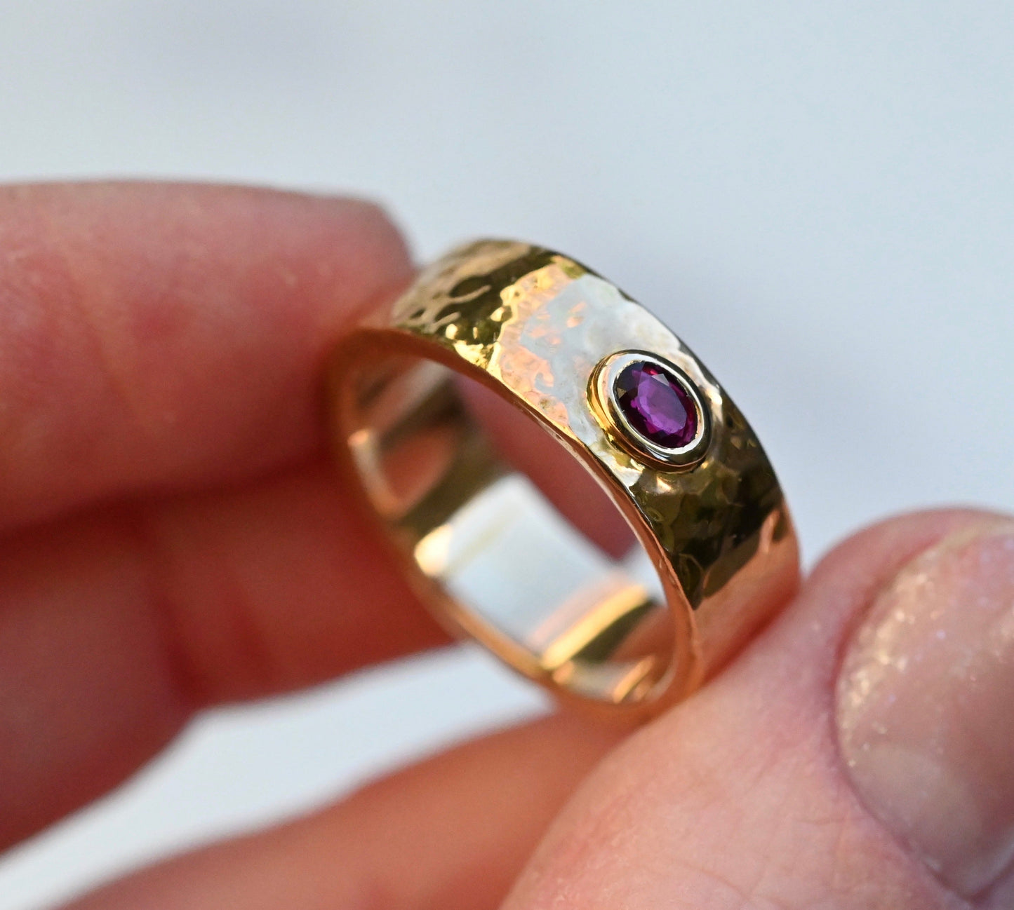 Planished 14k Gold Cigar Band Ring with Ruby - size 7.25