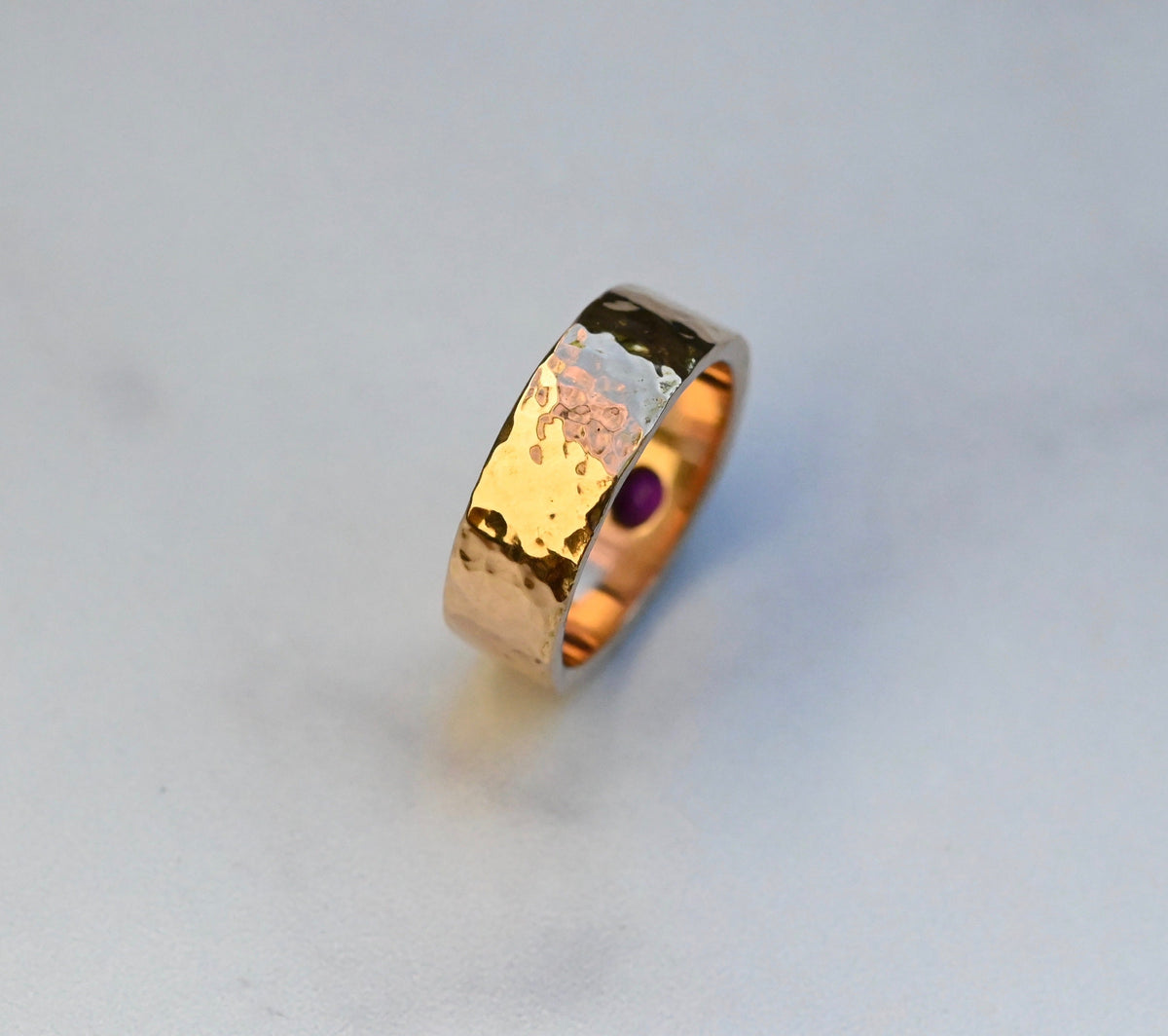 Planished 14k Gold Cigar Band Ring with Ruby - size 7.25