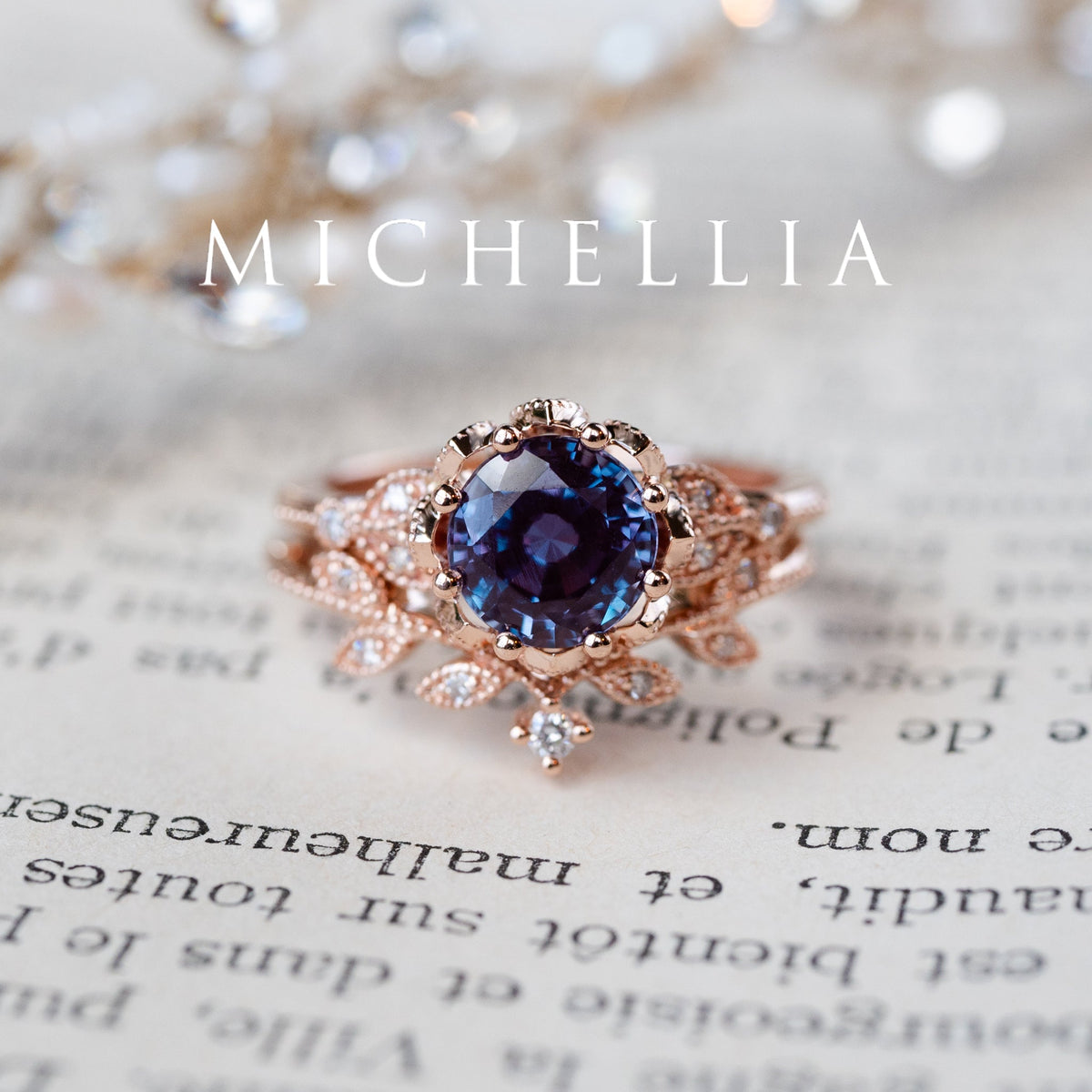 [Evanthe] Vintage Floral Engagement Ring in Lab Alexandrite