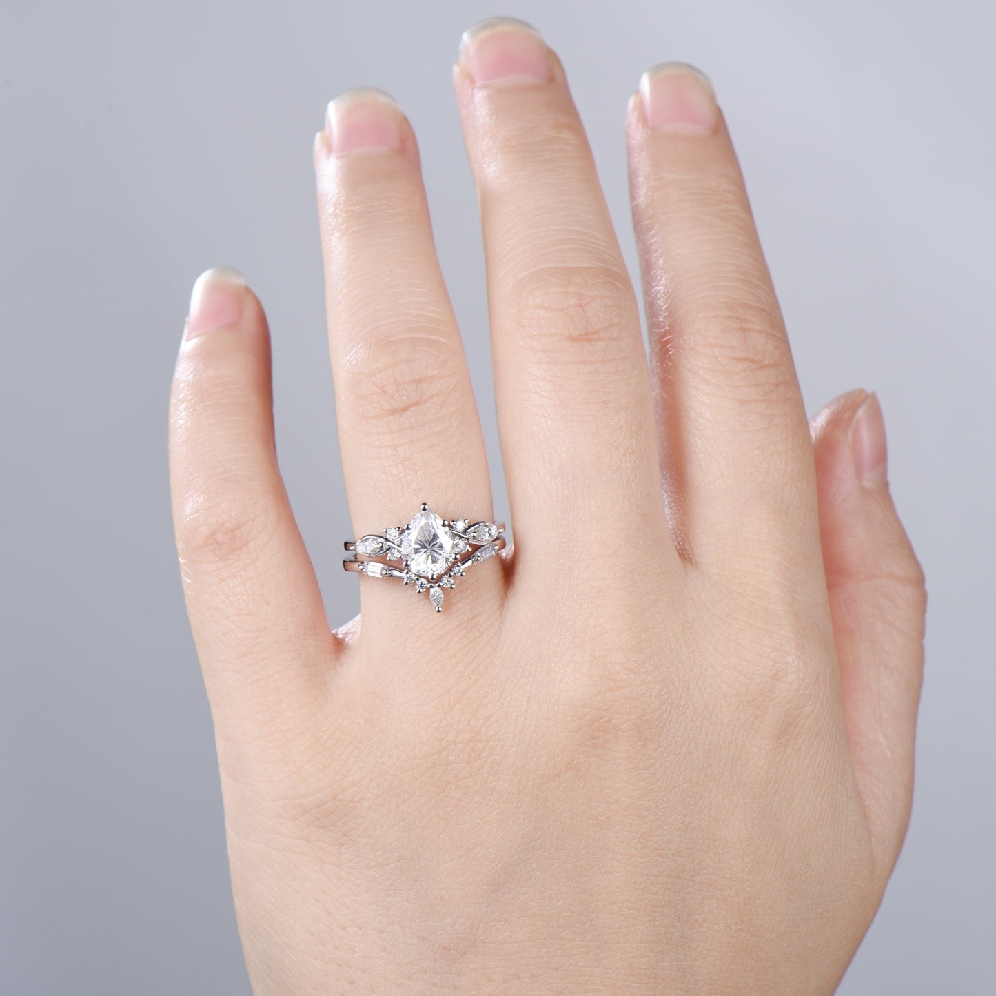 Pear Moissanite engagement ring marquise Twisted ring Unique white gold ring baguette cut diamond band Antique promise anniversary ring