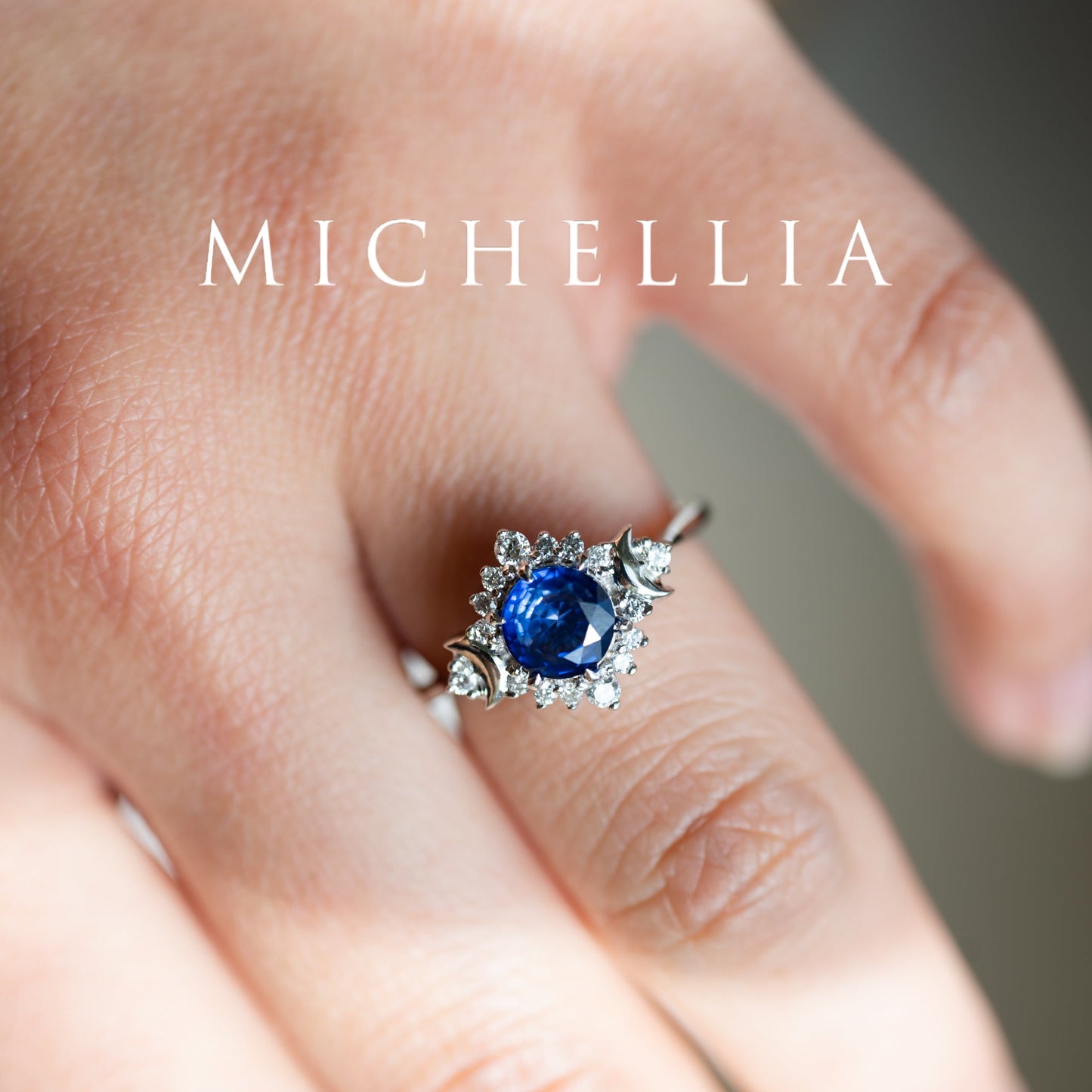 [Selene] Moon Goddess Engagement Ring in Blue Sapphire