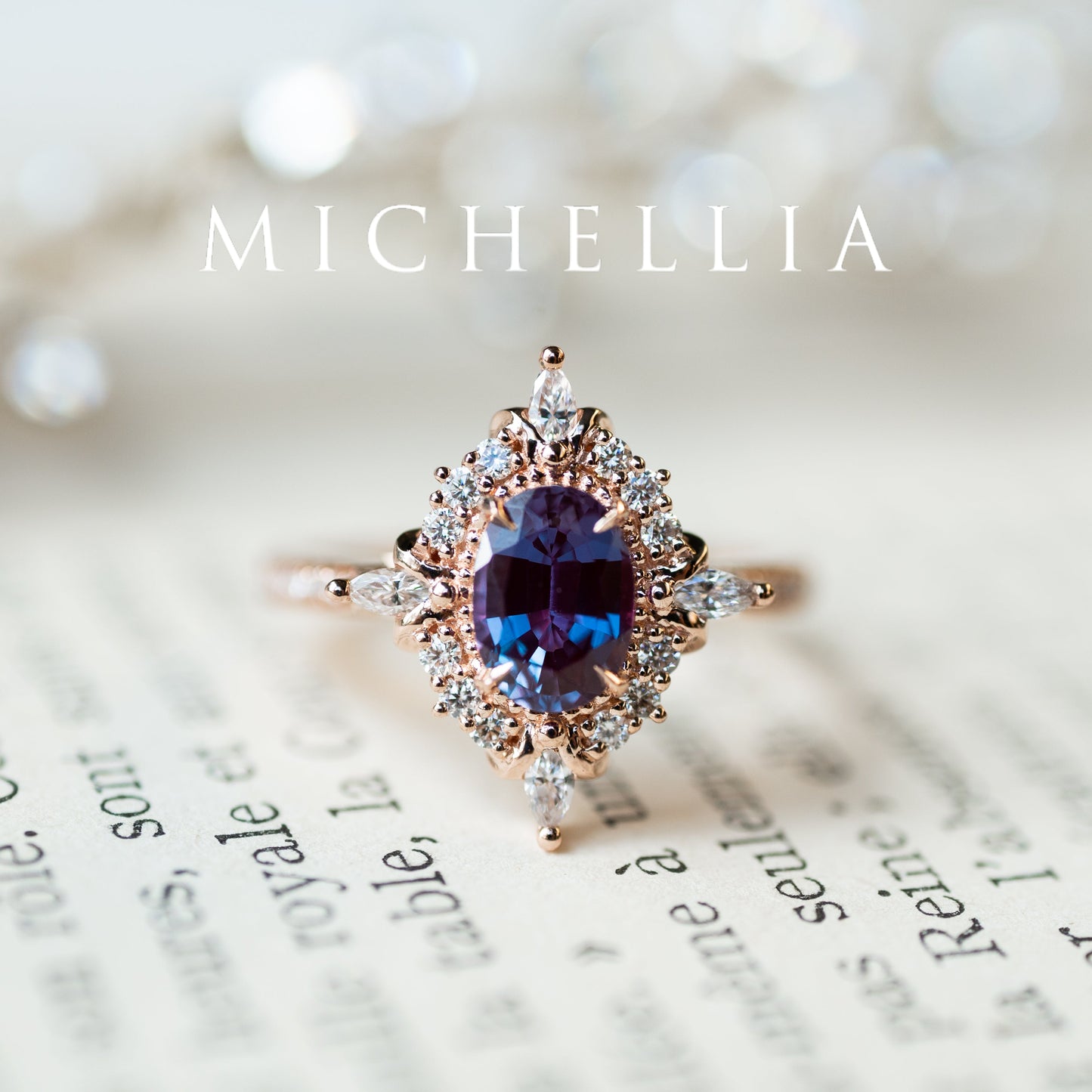 [Alessandra] Art Deco Oval Engagement Ring in Lab Alexandrite