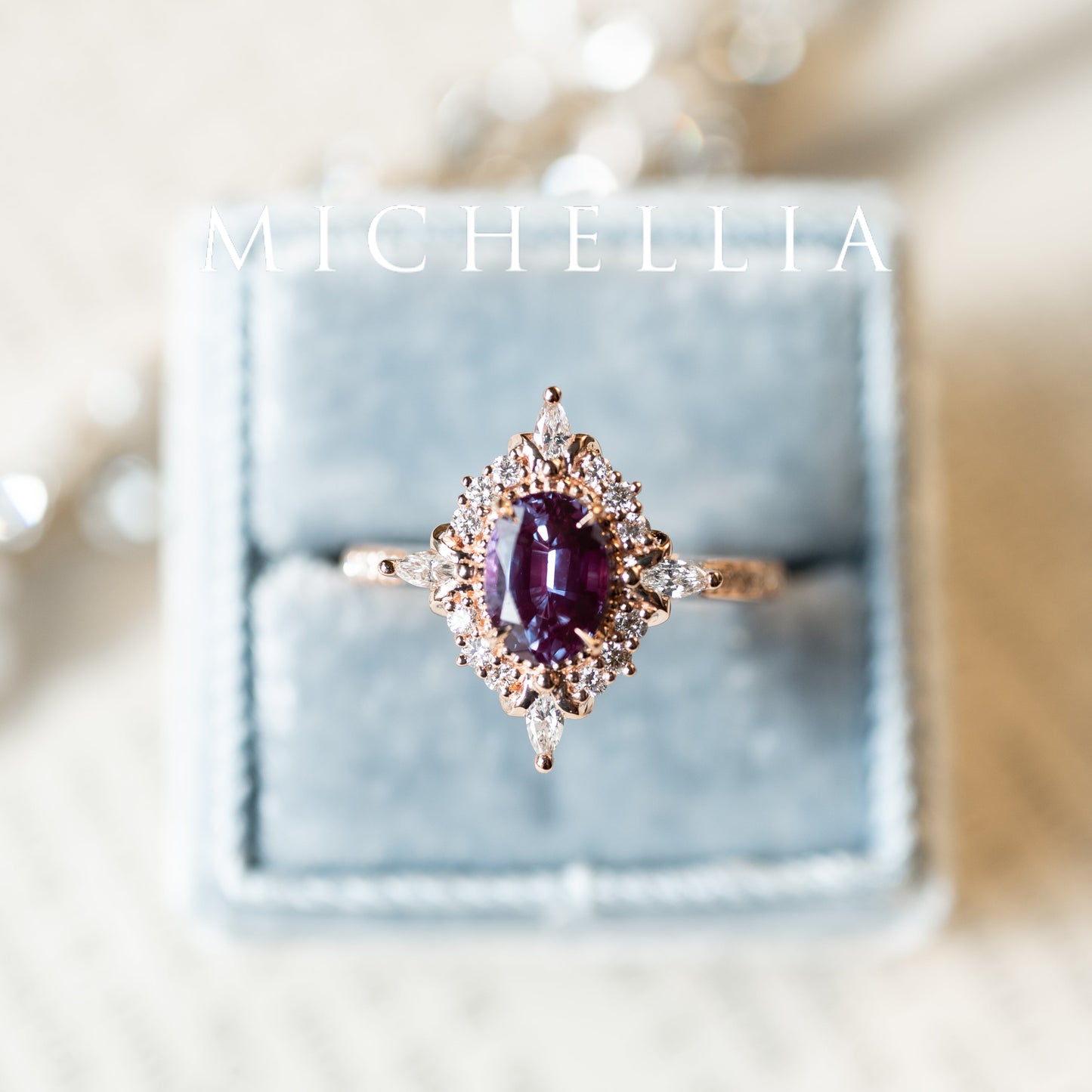 [Alessandra] Art Deco Oval Engagement Ring in Lab Alexandrite