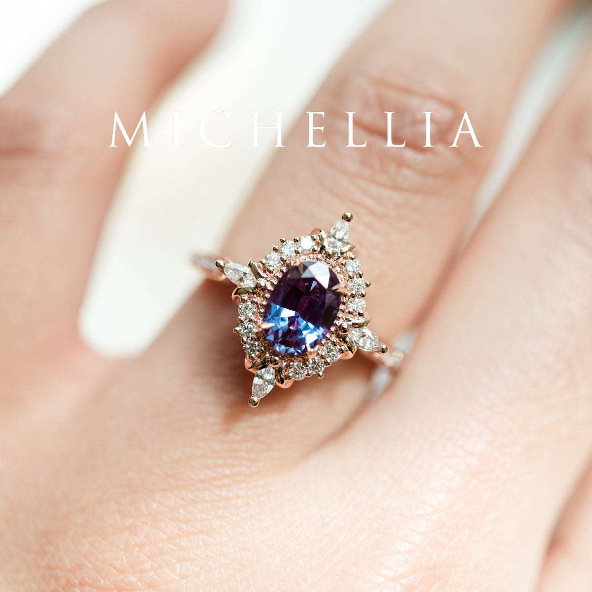 [Alessandra] Art Deco Oval Engagement Ring in Lab Alexandrite