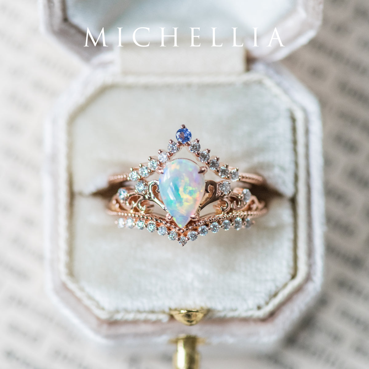 [Francesca] Heirloom Crown Pear Engagement Engagement Ring in Opal