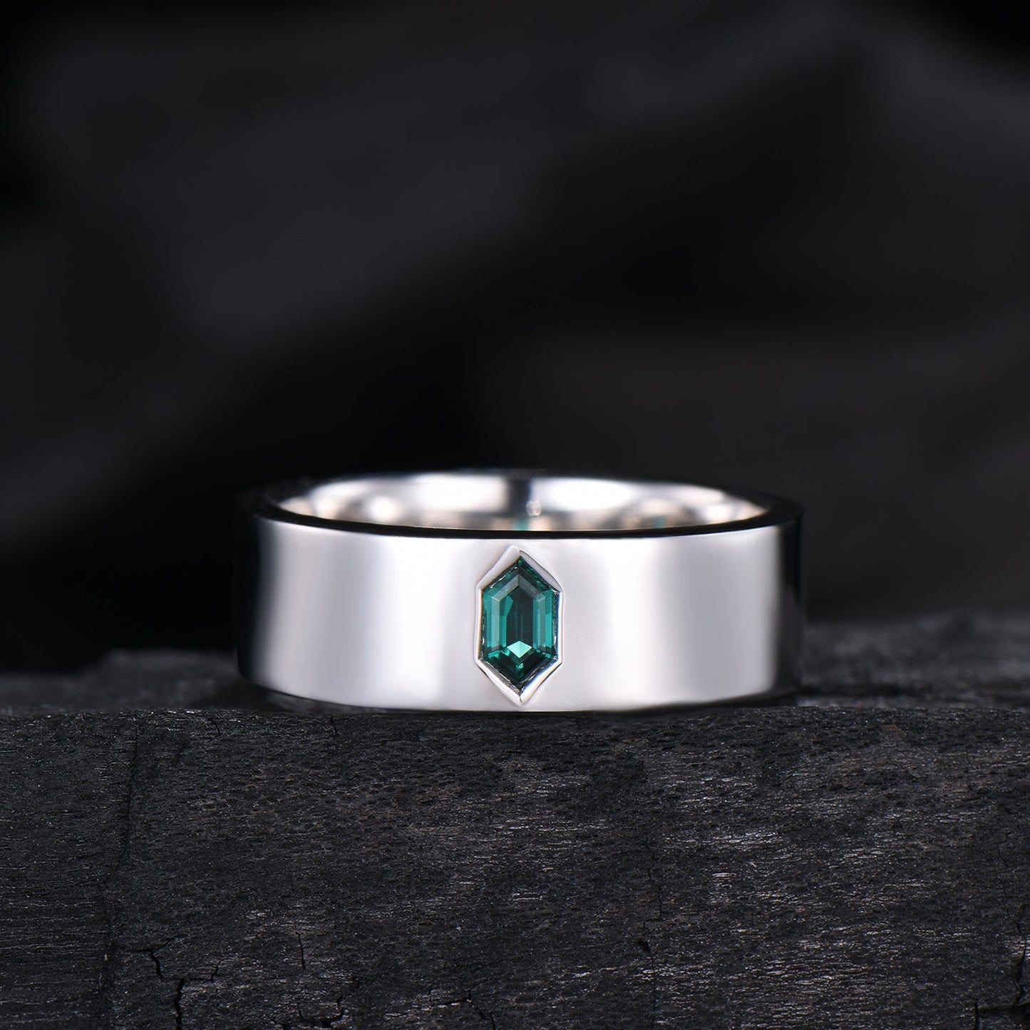 Hexagon Cut Emerald Men's Band | Flush Set 7MM Wide Wedding Ring