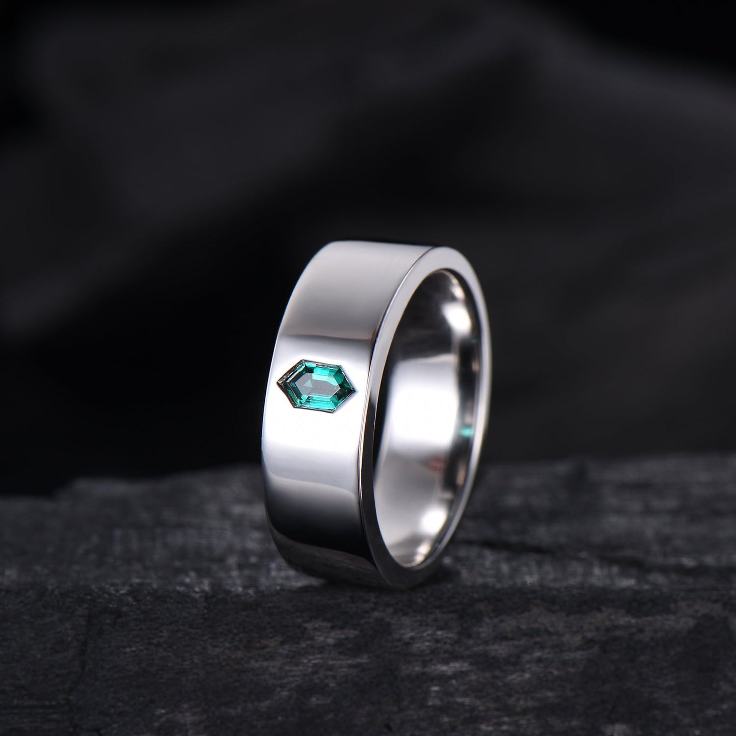Hexagon Cut Emerald Men's Band | Flush Set 7MM Wide Wedding Ring