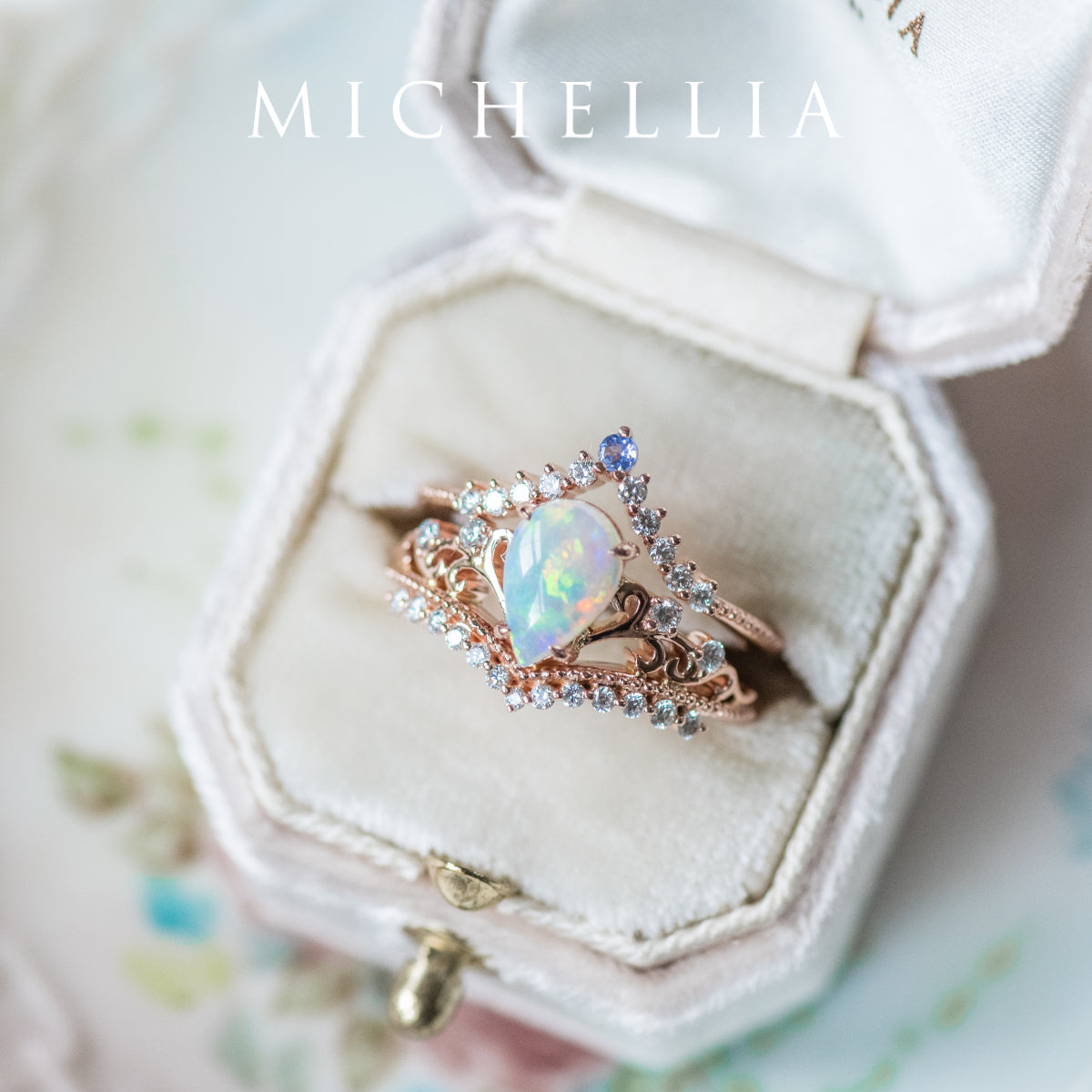[Francesca] Heirloom Crown Pear Engagement Engagement Ring in Opal