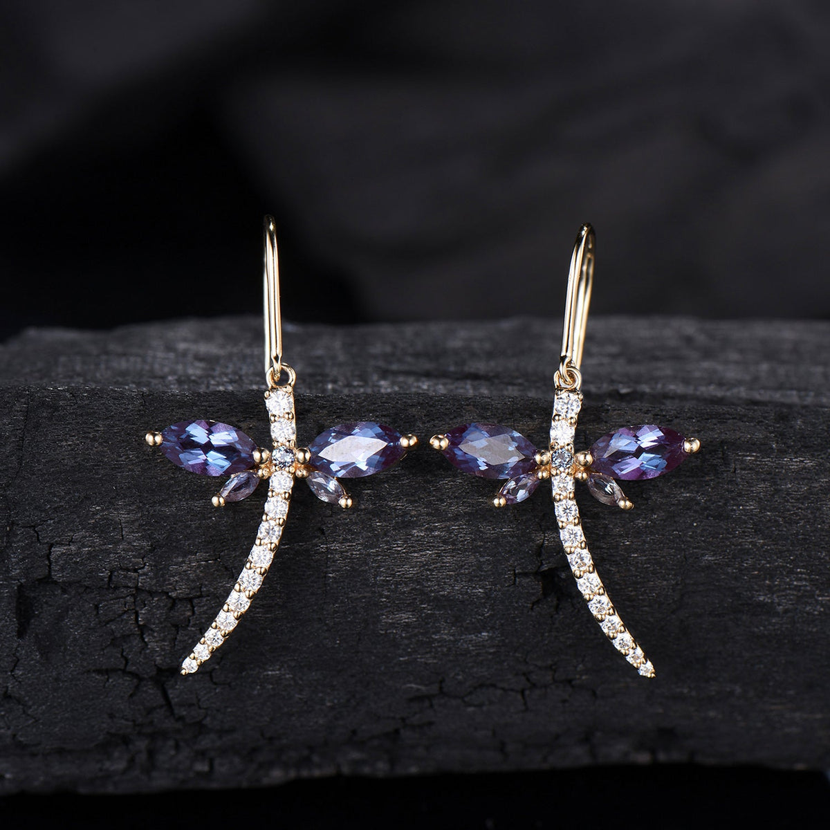 Elegant dragonfly marqusie cut alexandrite earrings June birthstone fine jewelry