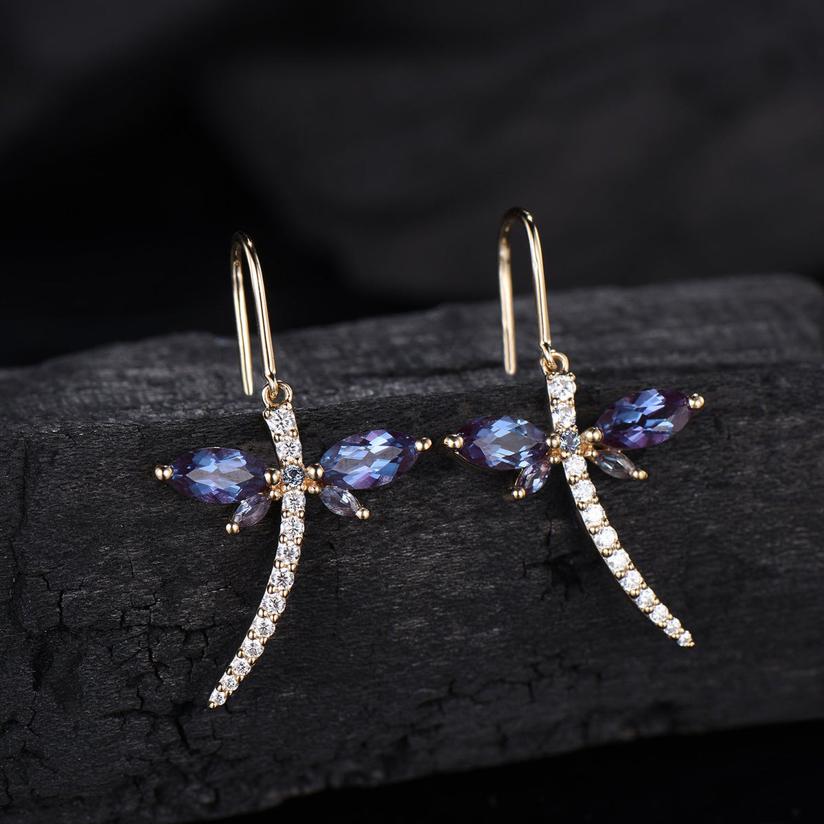 Elegant dragonfly marqusie cut alexandrite earrings June birthstone fine jewelry