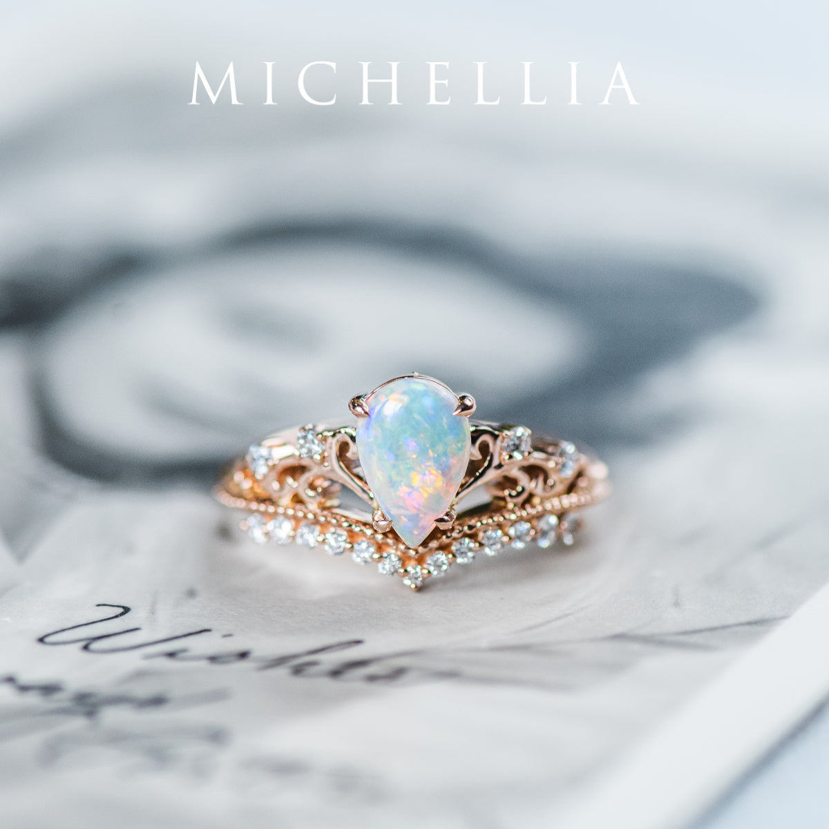 [Francesca] Heirloom Crown Pear Engagement Engagement Ring in Opal