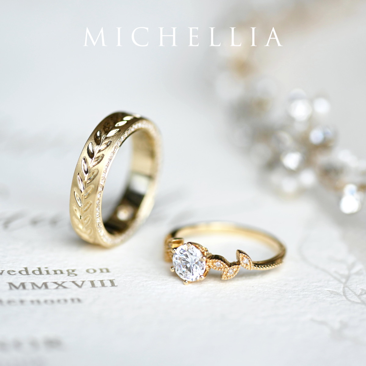 [Dahlia] Petite Floral Engagement Ring in Diamond / Moissanite