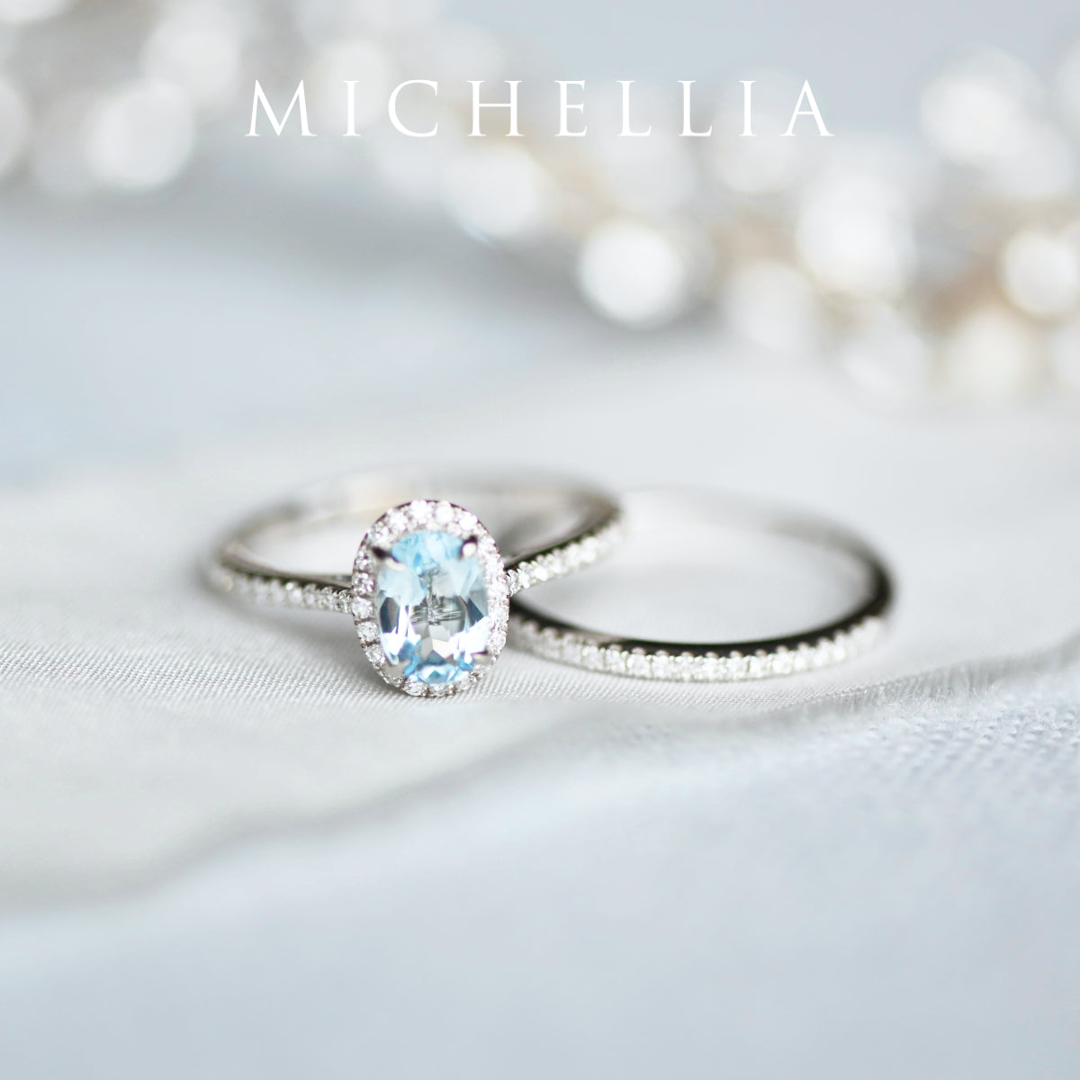 [Lenora] Petite Oval Halo Diamond Ring in Aquamarine