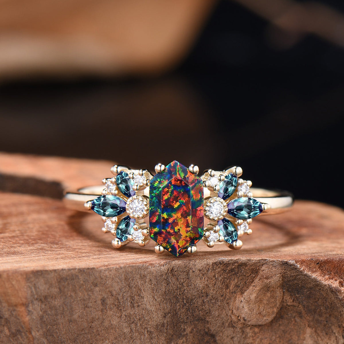 Vintage Black Fire Opal Engagement Ring Unique Marquise Alexandrite Ring Art Deco Birthstone Wedding Ring Anniversary Promise Gift For Women