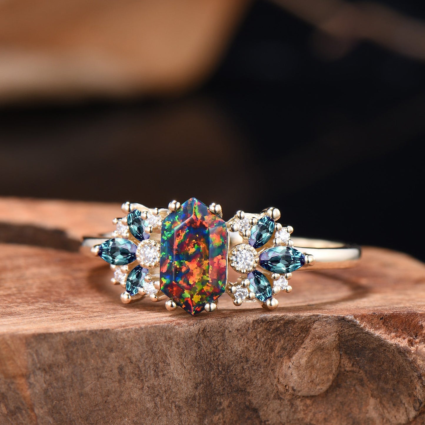 Vintage Black Fire Opal Engagement Ring Unique Marquise Alexandrite Ring Art Deco Birthstone Wedding Ring Anniversary Promise Gift For Women