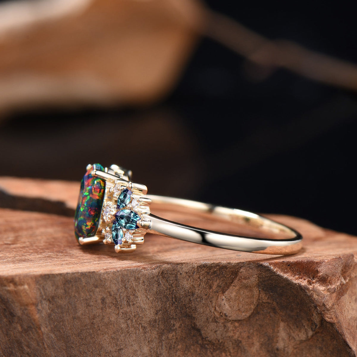 Vintage Black Fire Opal Engagement Ring Unique Marquise Alexandrite Ring Art Deco Birthstone Wedding Ring Anniversary Promise Gift For Women